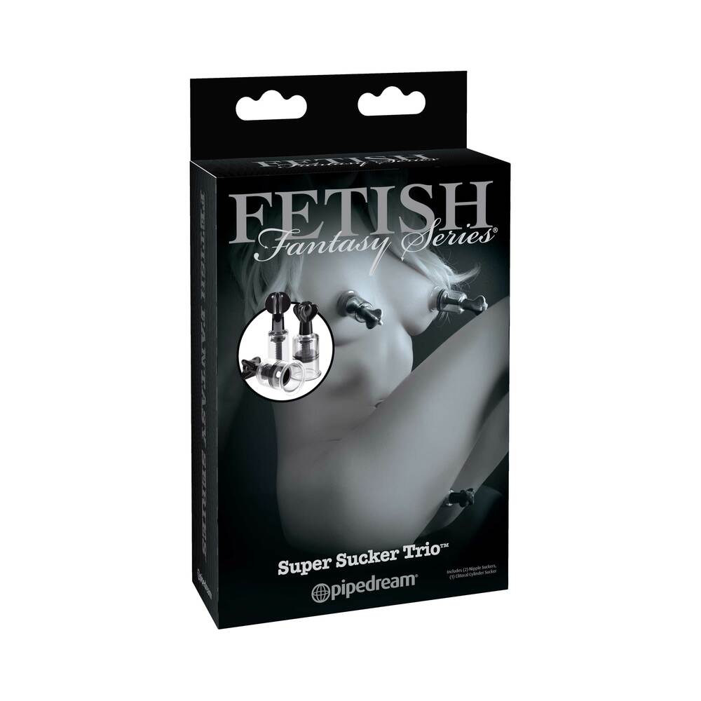Fetish Fantasy Series Limited Edition Super Suckers Trio Clear/Black Fetish Fantasy Super Suckers Trio black retail carton with three clear black-handled devices