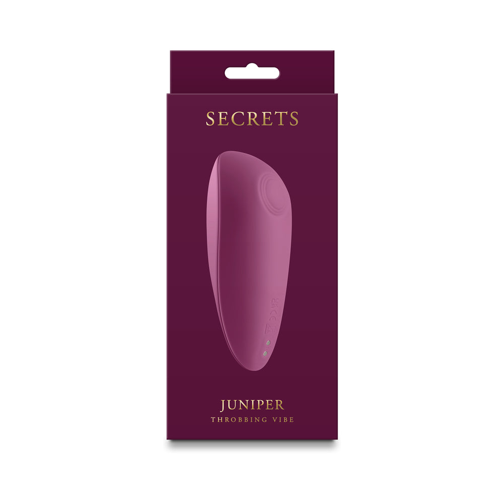 Secrets Juniper Throbbing Vibe Ruby Secrets Juniper ruby rounded vibrator pictured on burgundy retail box