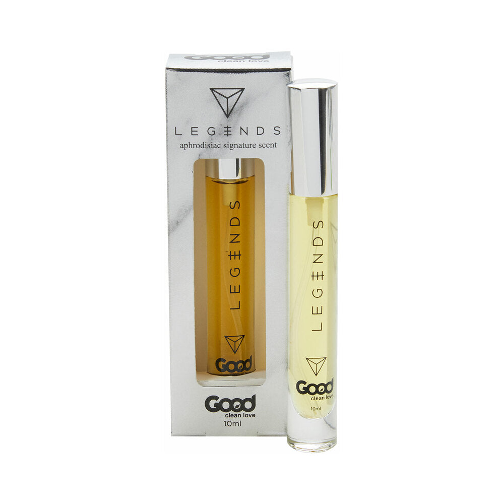 Good Clean Love Legends Aphrodisiac Scent 0.34 oz. Good Clean Love Legends 10 mL scent vial with silver cap beside window carton
