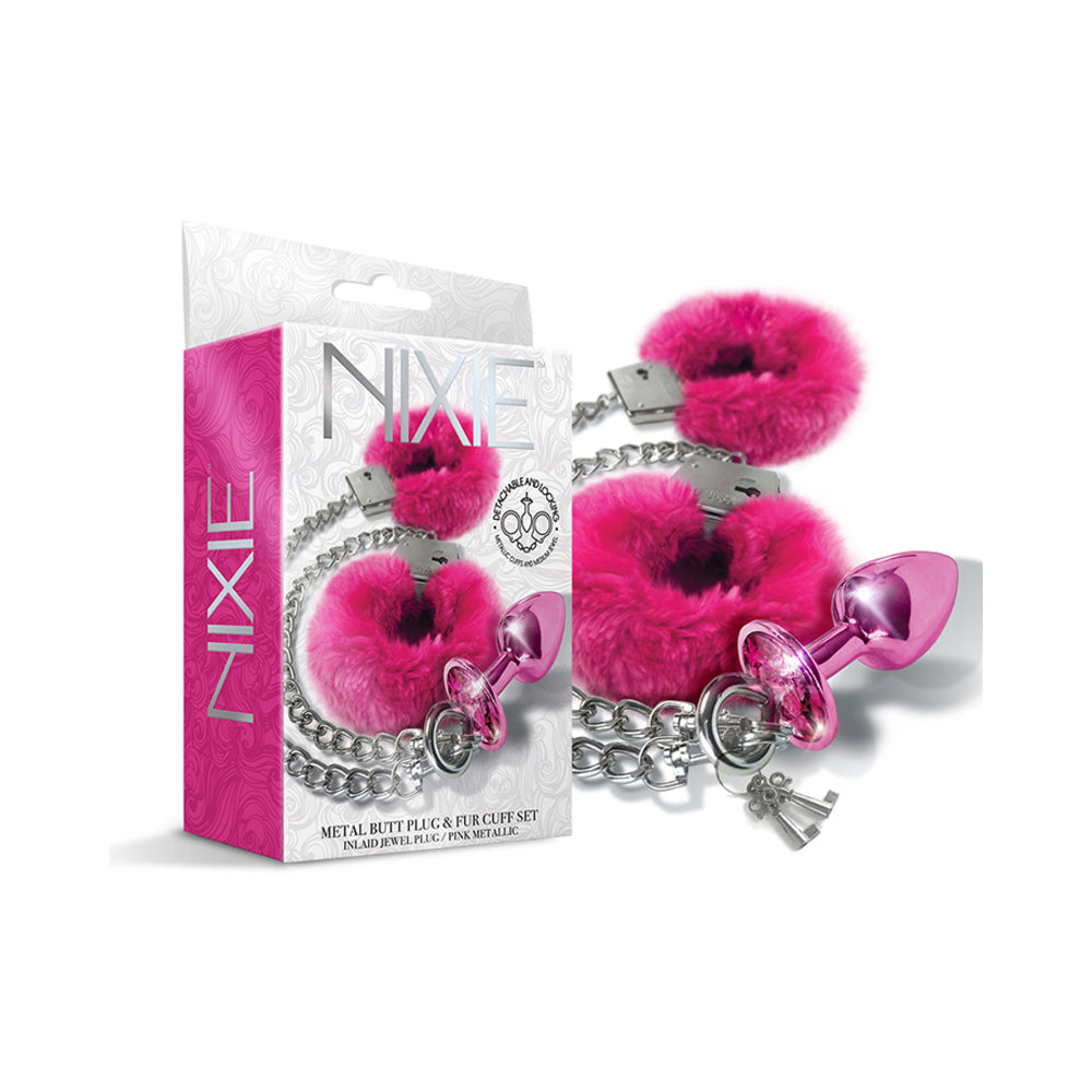 Nixie Metal Butt Plug & Furry Handcuff Set Medium Pink Metallic Nixie pink jeweled plug and furry handcuff set beside retail box