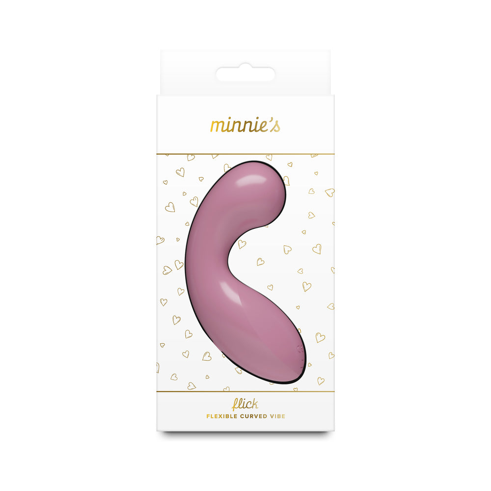 Minnie''s Flick Pink Minnie's Flick pink S-curved handheld vibrator inside the white hanging retail box