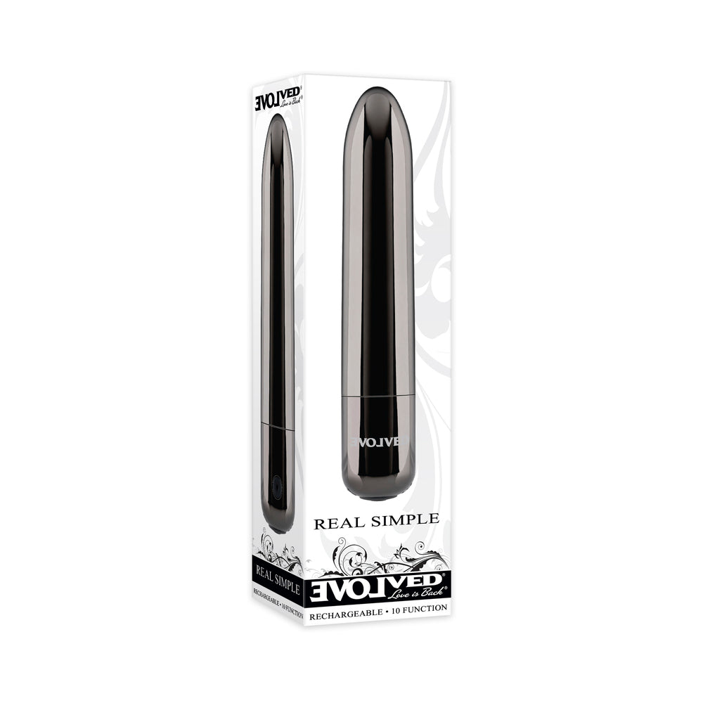 Evolved Real Simple Rechargeable Bullet Vibrator Black Chrome Evolved Real Simple black-chrome bullet vibrator retail box