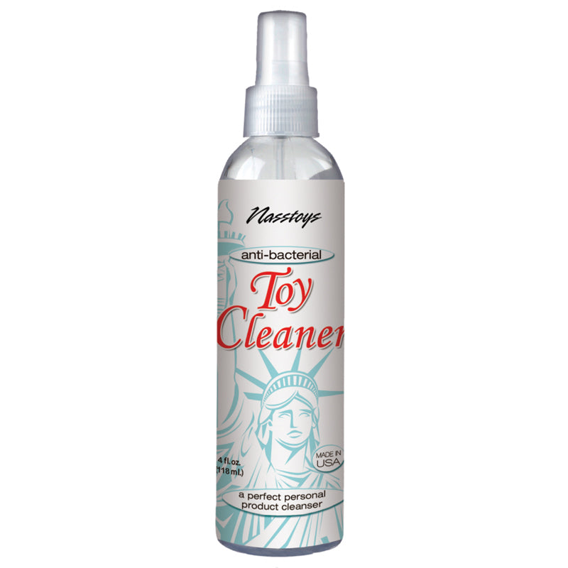 Anti-Bacterial Toy Cleaner 4oz. Clear 4 oz Nasstoys toy cleaner bottle with white spray pump and teal label