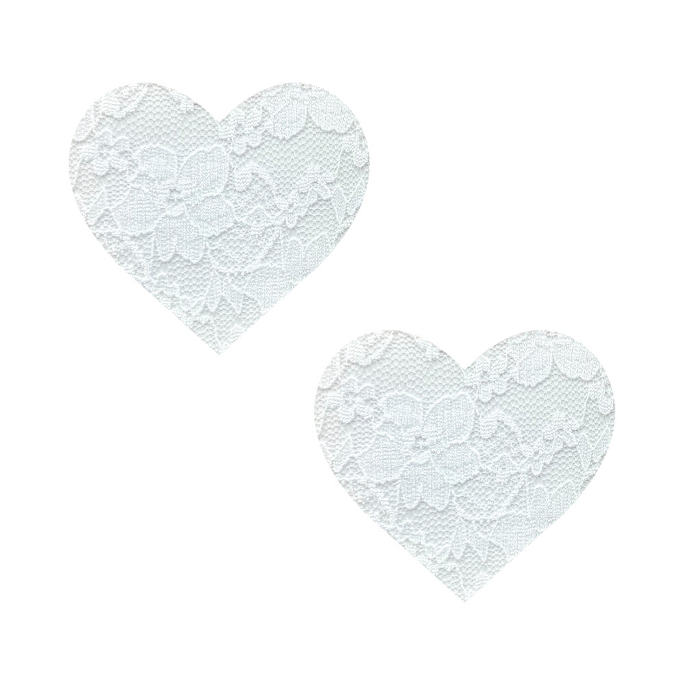 Neva Nude Pasty Heart Lace White Pair of white Neva Nude heart pasties with floral lace pattern