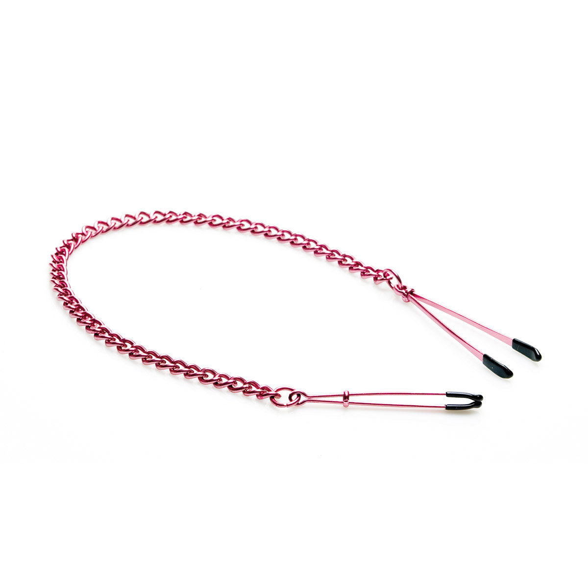 Sex Kitten Nips (Tweezer) pink chain connecting a pair of black-tip tweezer nipple clamps