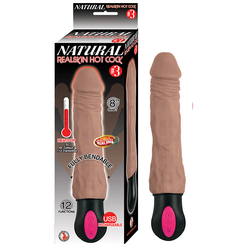 Natural Realskin Hot Cock #3 Fully Bendable 12 Function USB Cord Included Waterproof Brown Natural Realskin Hot Cock No. 3 Brown Vibrator with carton