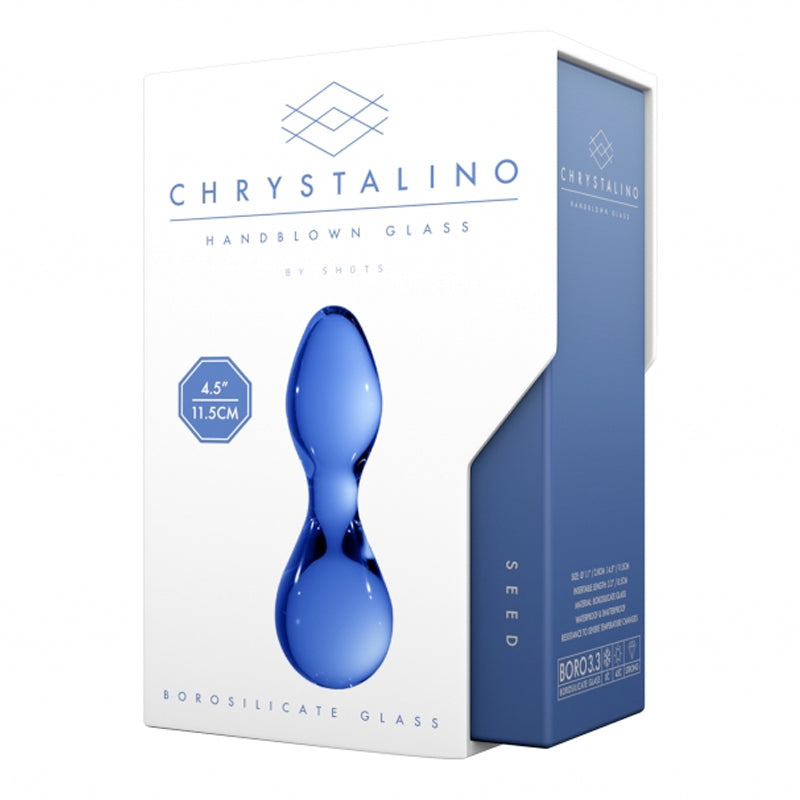 Chrystalino Seed - Blue blue double-bulb Chrystalino Seed glass wand pictured on white and blue box