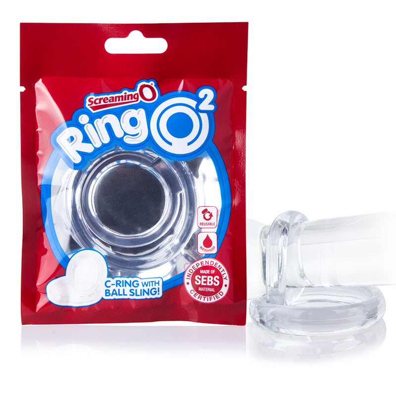 Screaming O RingO2 Clear Screaming O RingO2 Clear double ring and ball sling beside red retail pouch