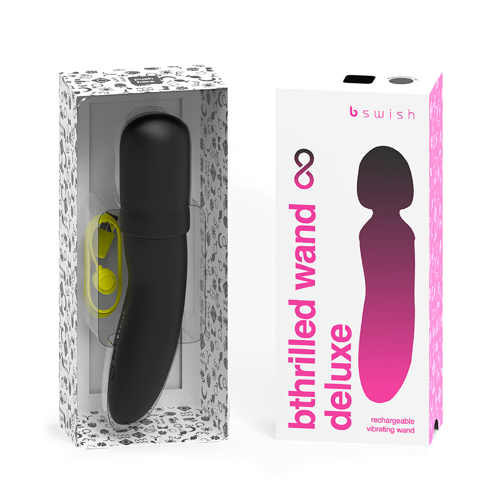 B Swish Bthrilled Premium Mini Wand Noir black B Swish Bthrilled mini wand displayed beside its white retail box