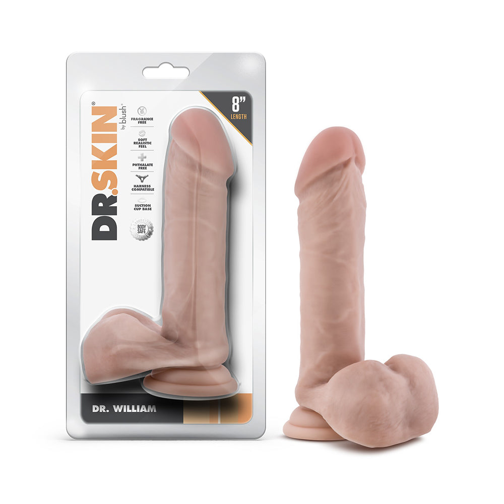 Dr. Skin Dr. William 8 in. Dildo with Balls Beige Blush Dr. Skin Dr. William beige 8-inch TPE dildo beside front retail package