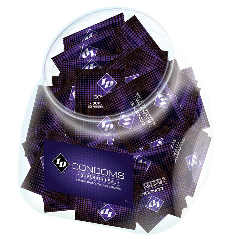 ID Superior Feel Condom Jar (144/Jar) ID Superior Feel Condom Jar clear round jar filled with purple foil wrappers