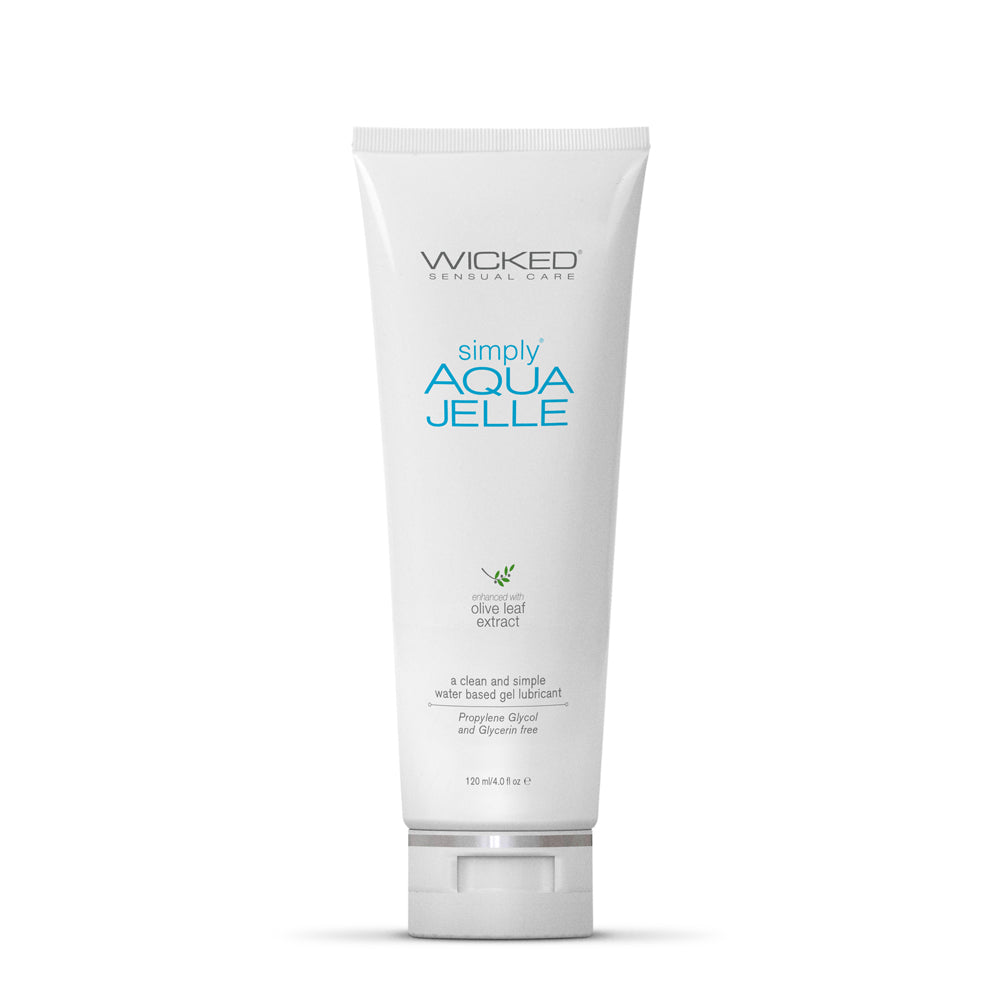 Wicked Simply Aqua Jelle Water Based Lubricant 4 oz. Front of Wicked Simply Aqua Jelle white four-ounce tube
