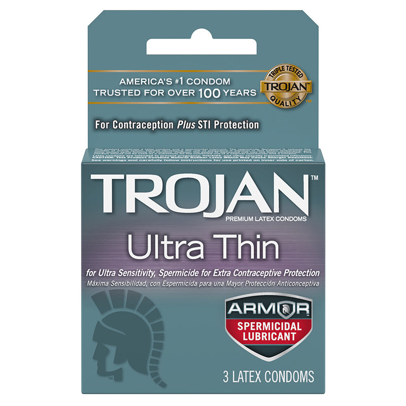 Trojan Ultra Thin Armor (Spermicidal) 3pk Trojan Ultra Thin Armor Three-Pack in blue-gray carton