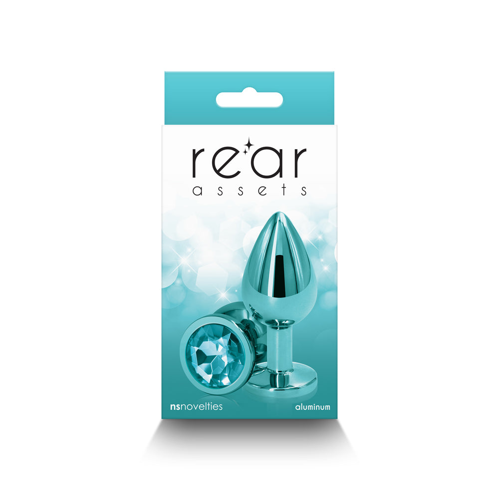Rear Assets Metal Anal Plug Medium Teal NS Novelties Rear Assets medium teal aluminum anal plug front retail package