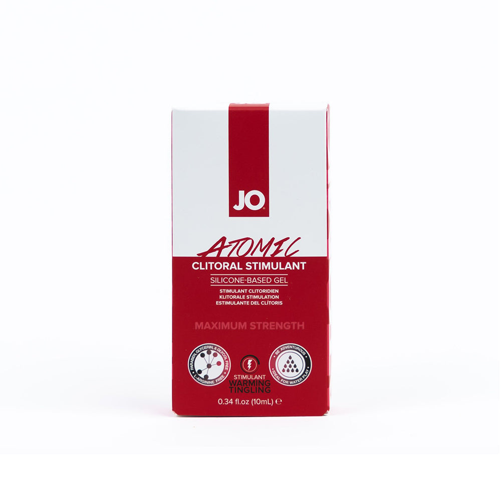 JO Atomic Clitoral Stimulant 0.34 oz. Front of red-and-white JO Atomic 0.34 oz silicone-based stimulant carton
