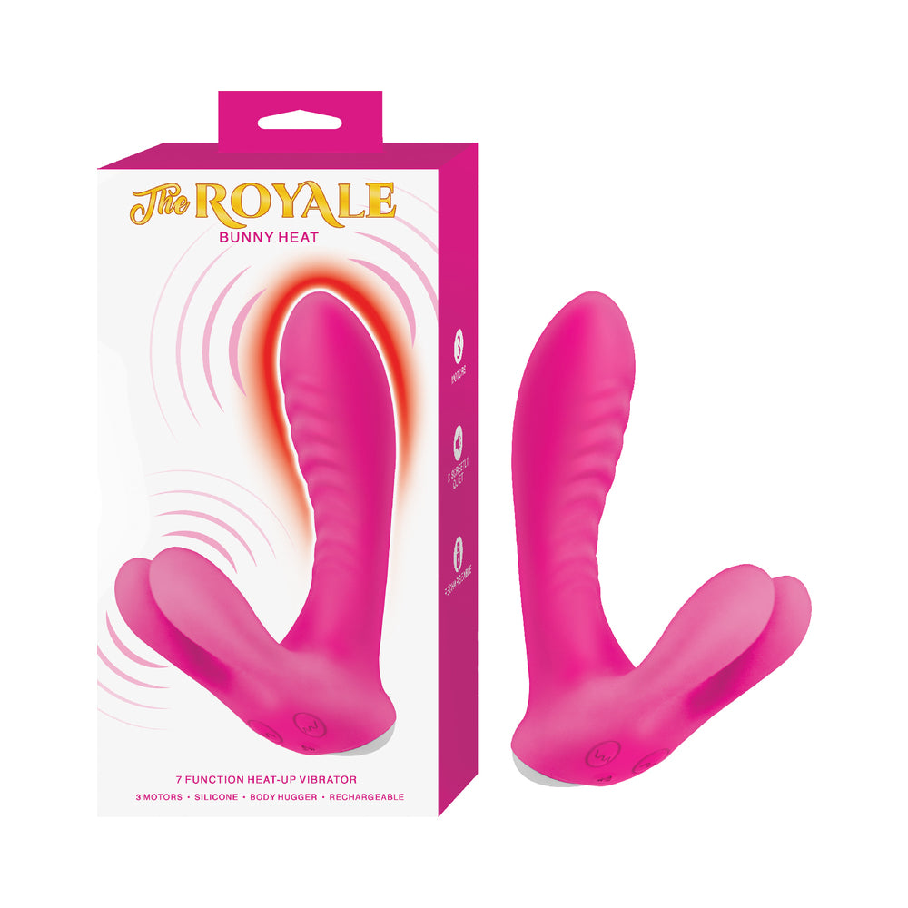 The Royale Bunny Heat Pink Pink Nasstoys Royale Bunny Heat rabbit vibrator beside retail box