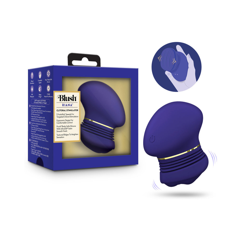 The Blush Collection Riana Royal Indigo Blush Riana Royal Indigo rechargeable vibrator retail box beside the indigo curved vibrator