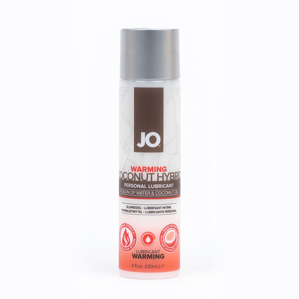 JO Coconut Hybrid Warming Lubricant 4 oz. System JO Coconut Hybrid Warming 4 oz silver pump bottle front with orange label