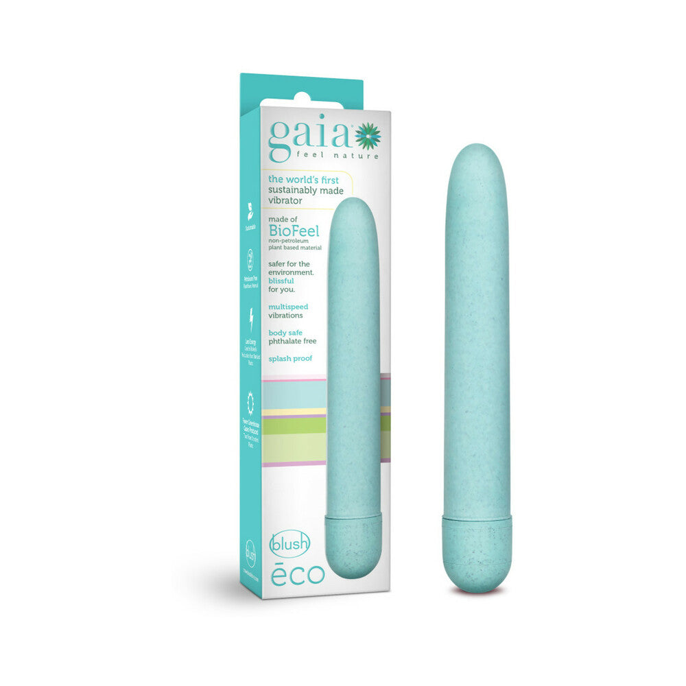 Gaia Eco Slimline Vibrator Aqua Gaia Eco Slimline Aqua Vibrator beside white aqua BioFeel retail carton