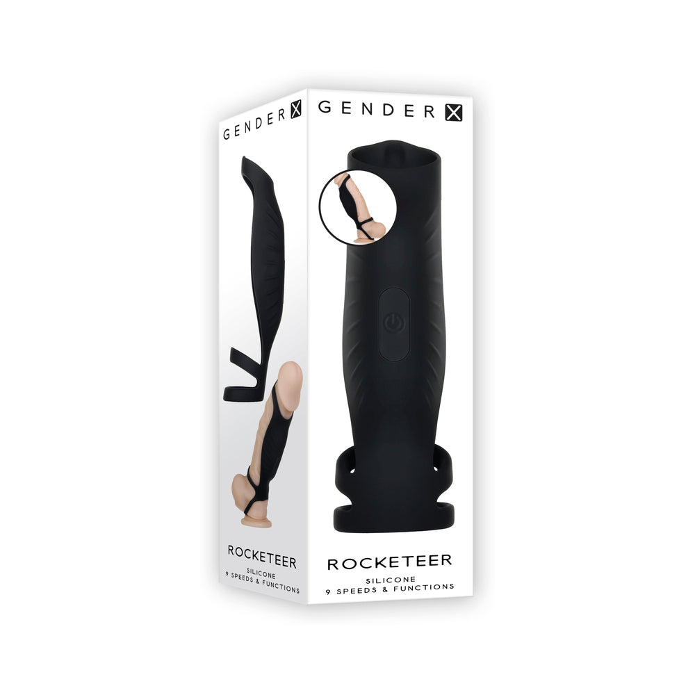 Gender X Rocketeer Rechargeable Triple-Ring Vibrating Silicone Penis Sheath Black Black Gender X Rocketeer sheath pictured on tall white box
