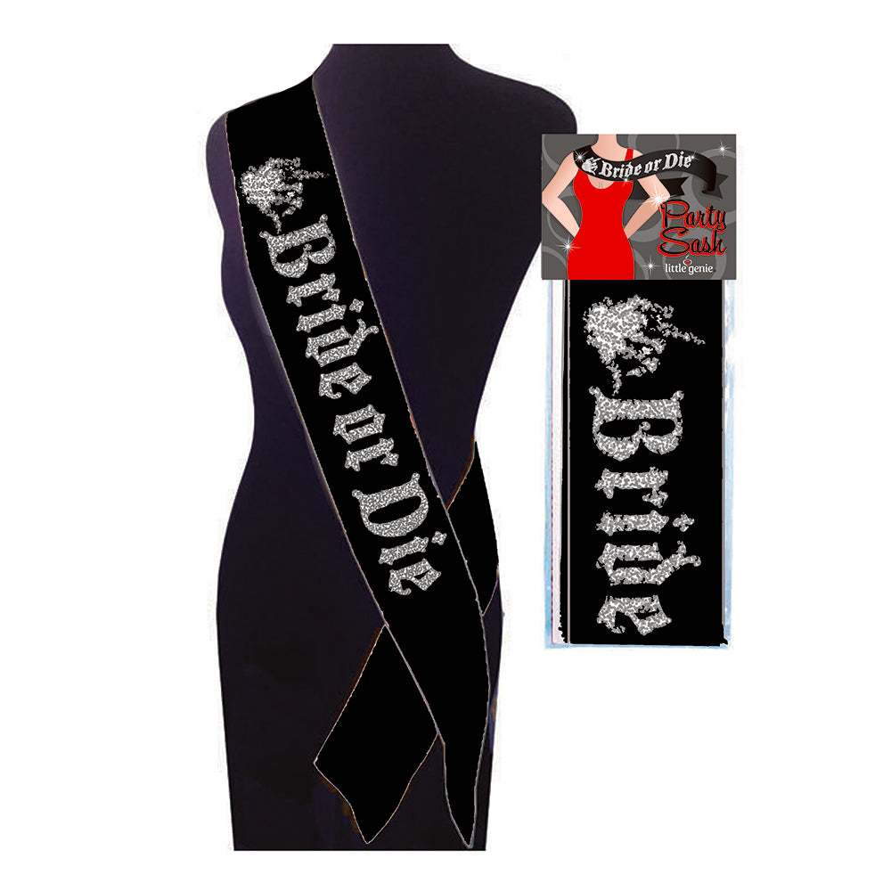 Bride Or Die Party Sash Black Bride or Die party sash with silver glitter text