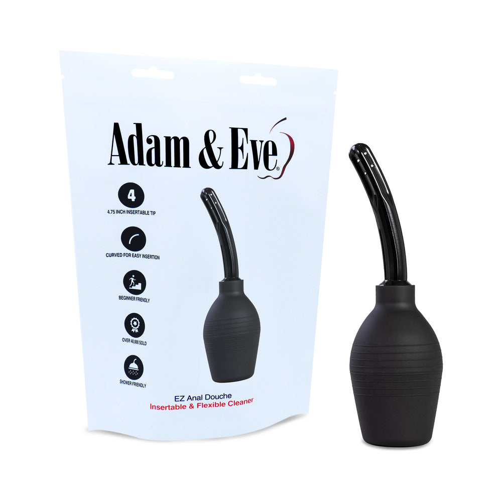 Adam & Eve EZ Anal Douche (Bag Packaging) Adam & Eve EZ black flexible-tip anal douche beside white bag packaging