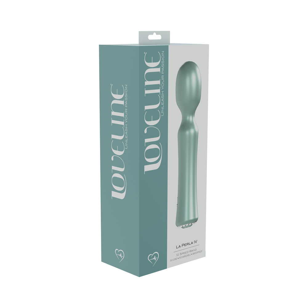 LoveLine La Perla IV Rechargeable Silicone Wand Green green LoveLine La Perla IV oval-head silicone wand pictured on teal box