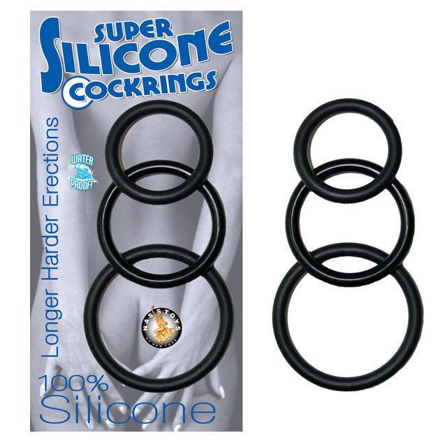 Super Silicone Cockrings 3 (Black) Nasstoys Super Silicone Rings three black rings beside blue and silver retail package