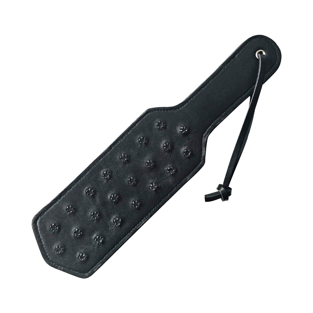 Rouge Leather Pin Prick Paddle Black Rouge leather pin-prick paddle with metal spike clusters and wrist loop