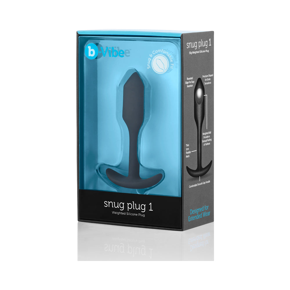 b-Vibe Snug Plug 1 Weighted Silicone Anal Plug Black Black b-Vibe Snug Plug 1 in tall black and turquoise retail box
