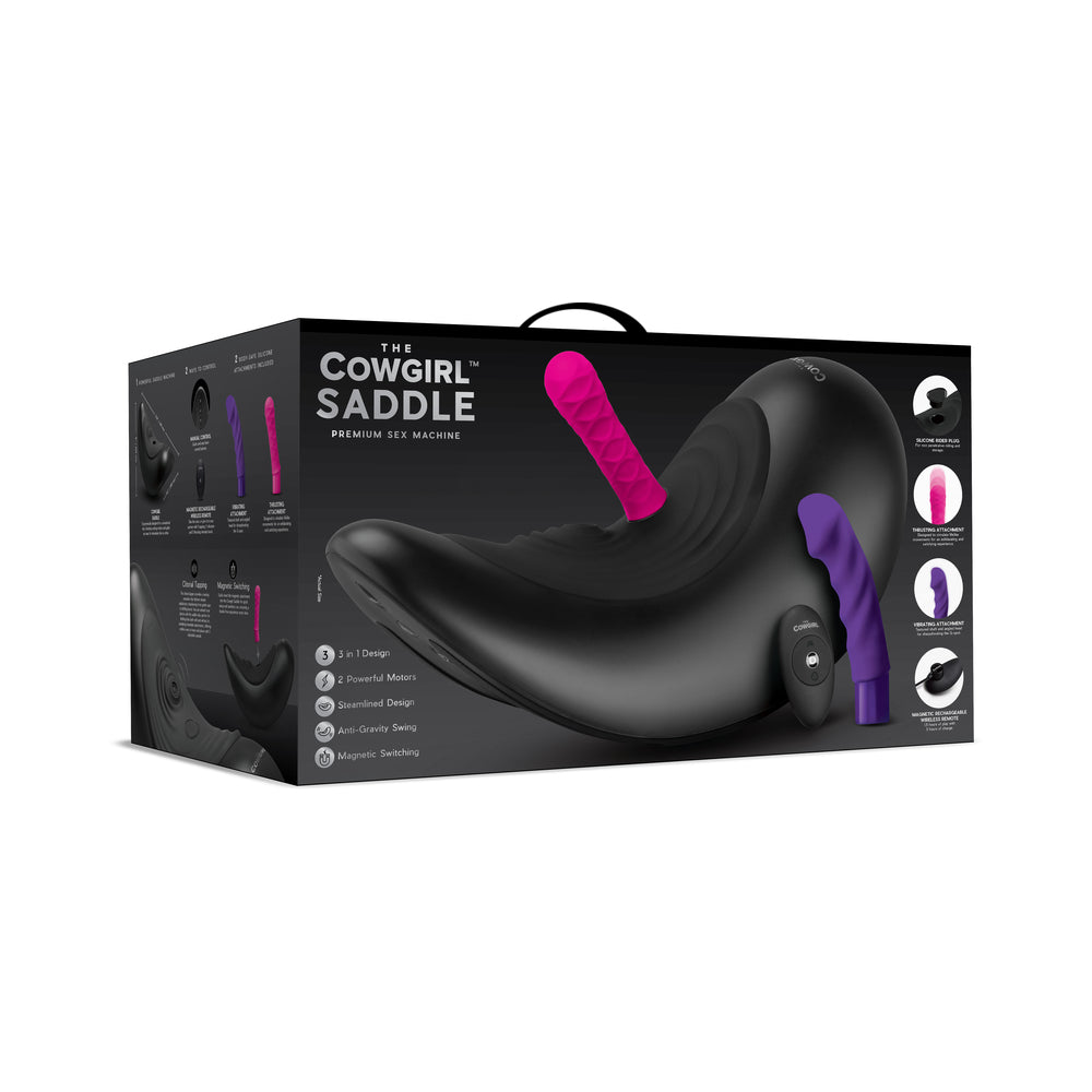 The Cowgirl Saddle Machine Black Cowgirl Saddle Machine shown in front of retail box with two attachments