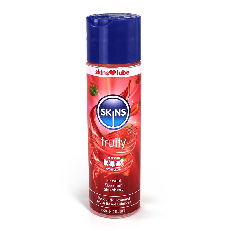 Skins Strawberry Water-Based Lubricant 4 oz. Skins Fruity strawberry 4 oz lubricant bottle with red label