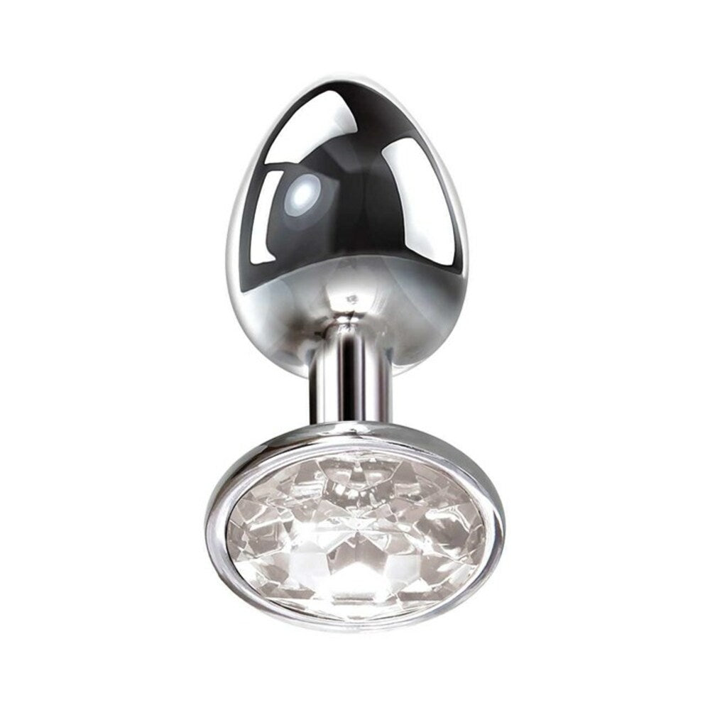 Adam & Eve Clear Gem Anal Plug Small Adam & Eve Clear Gem Small metal anal plug upright view with teardrop tip and jewel base