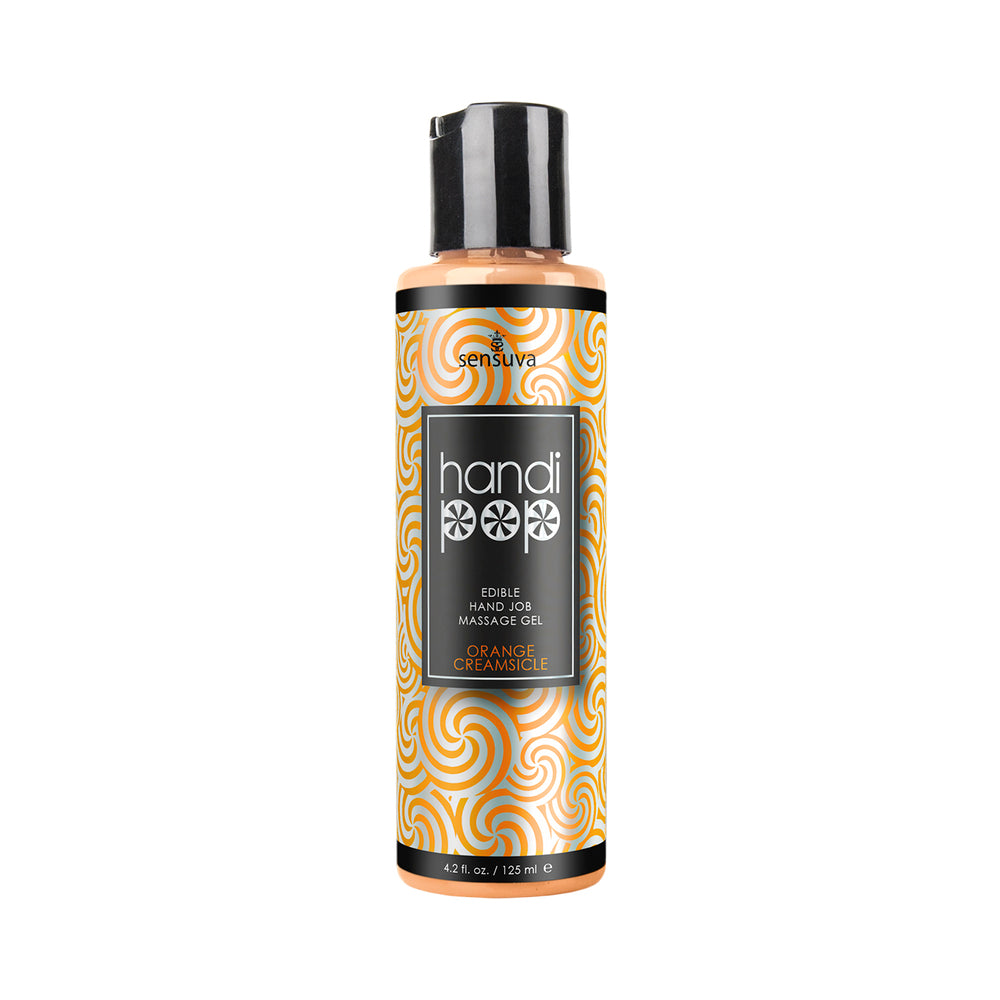 Sensuva HandiPop Edible Hand Job Massage Gel Orange Creamsicle 4.2 oz. Sensuva HandiPop Orange Creamsicle Gel 4.2 oz tall clear bottle with black cap and orange swirl label