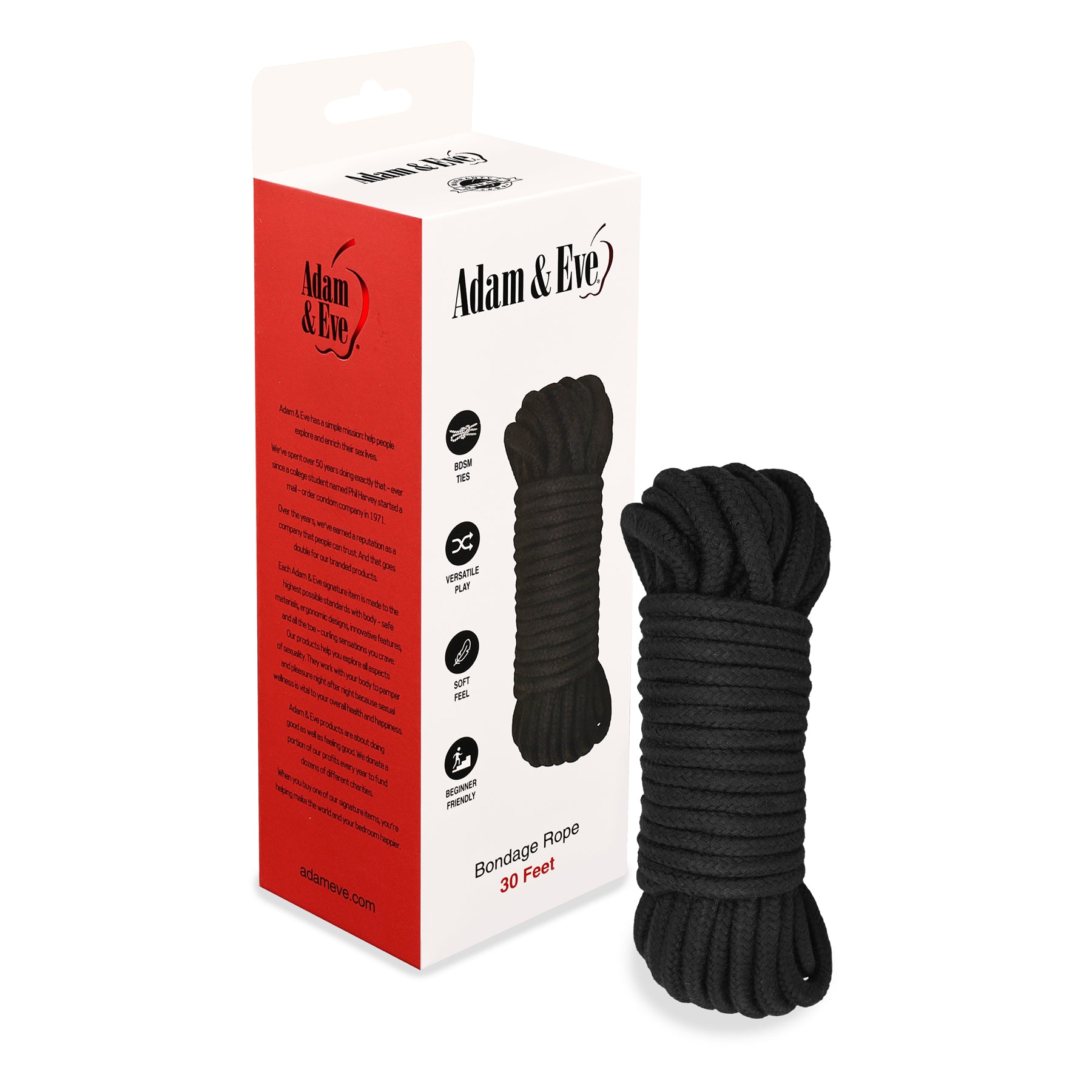 Adam & Eve Bondage Rope 30 ft. Adam and Eve black 30-foot bondage rope beside white and red retail box