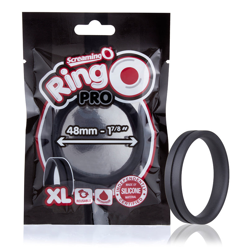 Screaming O RingO Pro XL Black RingO Pro XL Black 48 mm silicone ring beside black retail pouch