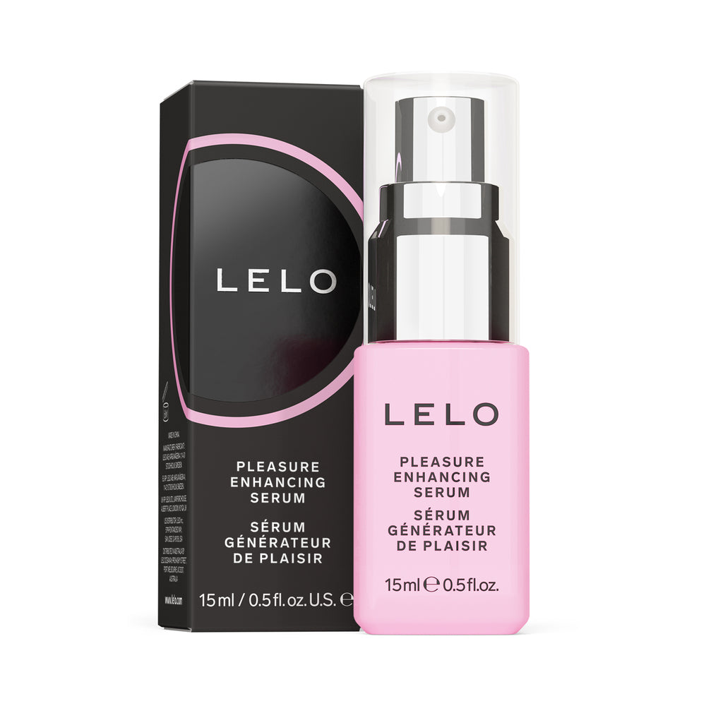 LELO Pleasure Enhancing Serum 0.5 oz. LELO Pleasure Enhancing Serum 0.5 oz pink pump bottle beside black retail carton