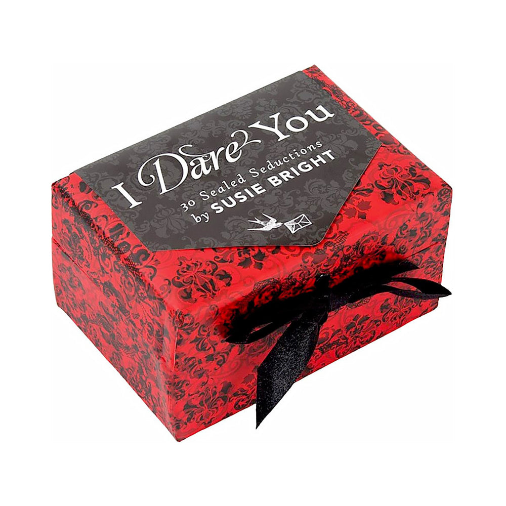 I Dare You: 30 Sealed Seduction Cards by Susie Bright red and black I Dare You gift box with black ribbon bow