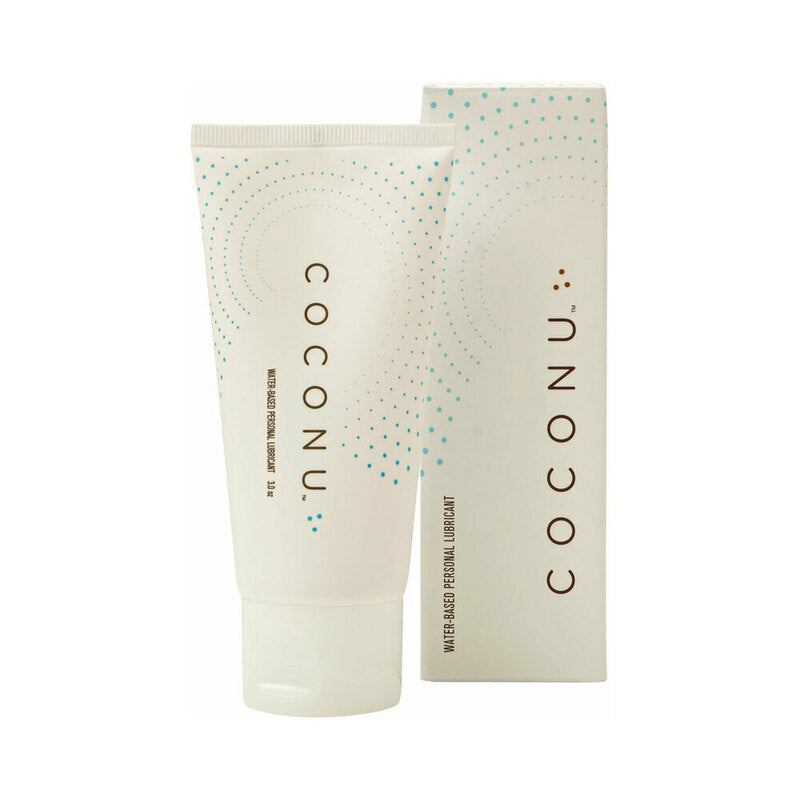 Coconu Water-Based Personal Lubricant 3oz white Coconu water-based lubricant tube beside a cream dotted retail carton