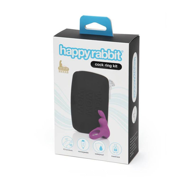 Happy Rabbit 2-Piece Rechargeable Silicone Cockring Kit Happy Rabbit cockring kit box with purple rings and black pouch graphic