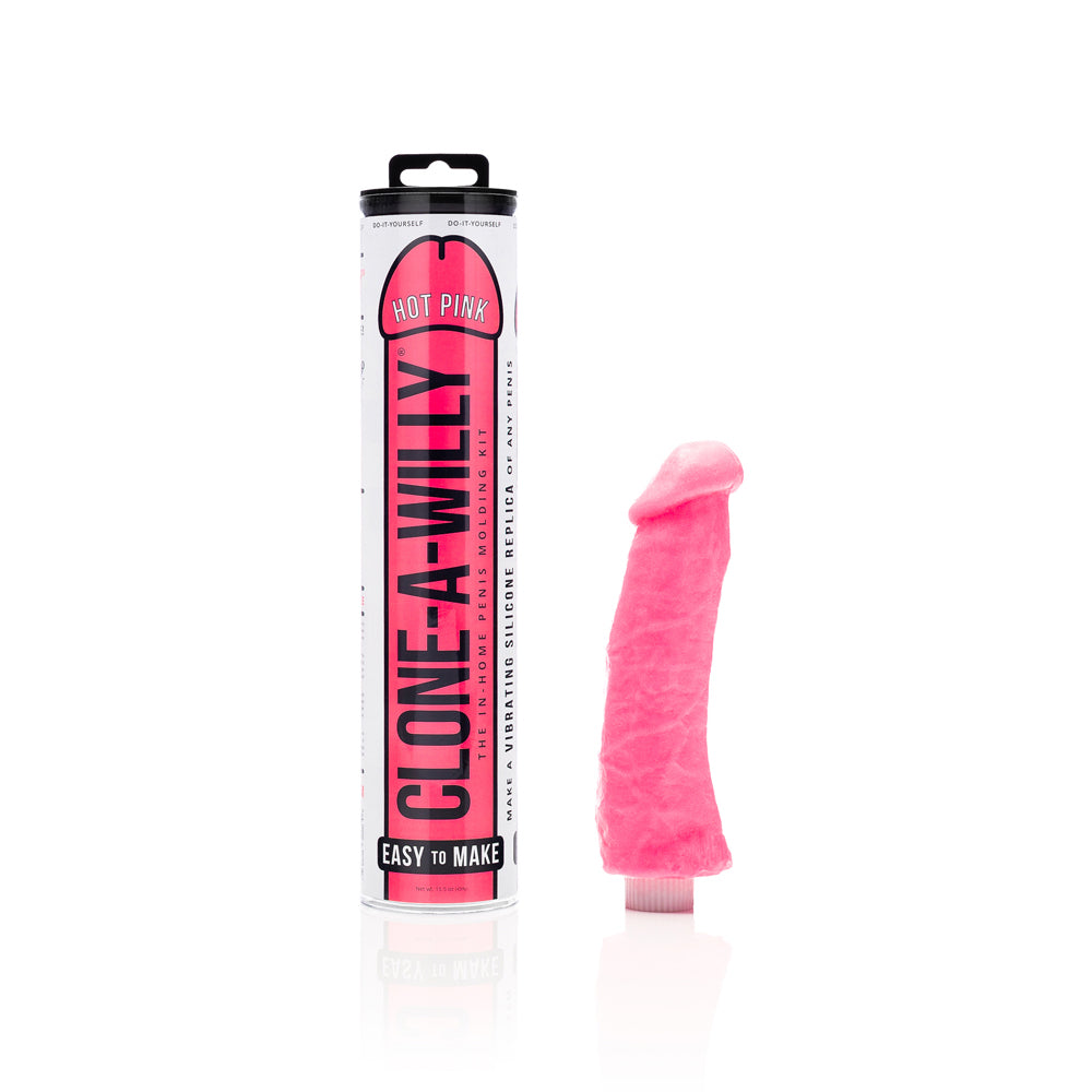 Clone-A-Willy DIY Vibrating Dildo Kit Hot Pink Clone-A-Willy Hot Pink Kit pink molded replica beside tall tube