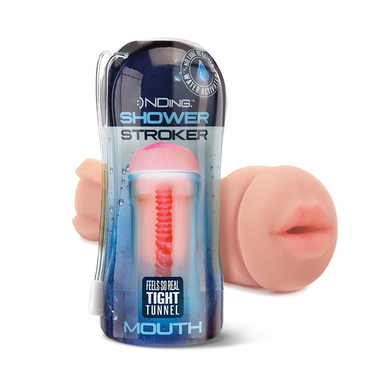 Happy Ending Self-Lubricating Shower Stroker - Mouth Happy Ending mouth shower stroker with blue package and beige sleeve