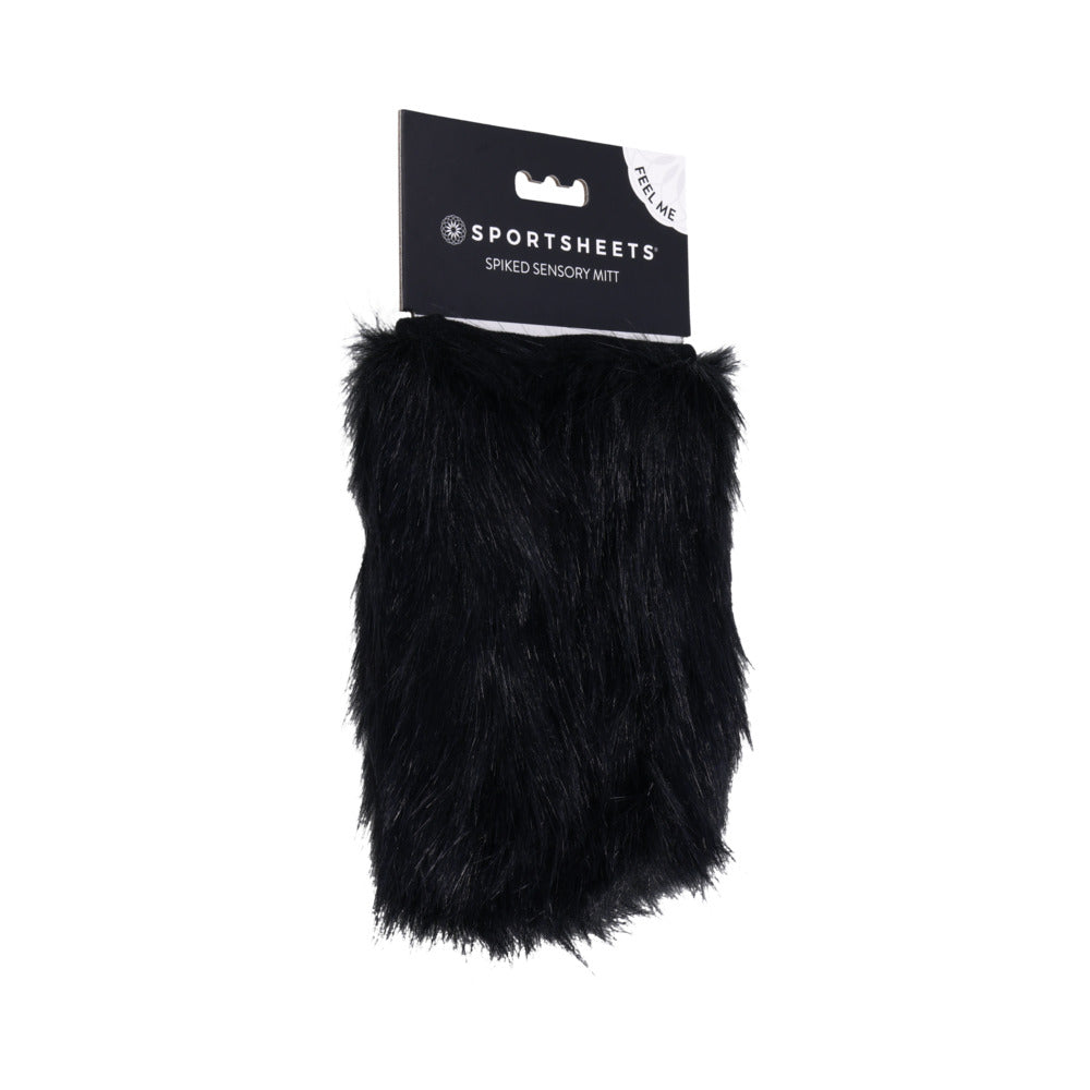 Sportsheets Spiked Sensory Mitt Sportsheets black faux-fur sensory mitt pictured beside retail box