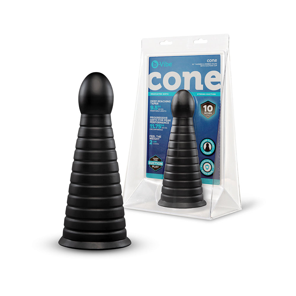 b-Vibe Cone 10 in. Tapered & Ribbed Dildo with Suction Cup b-Vibe Cone 10-inch black ribbed dildo with retail package