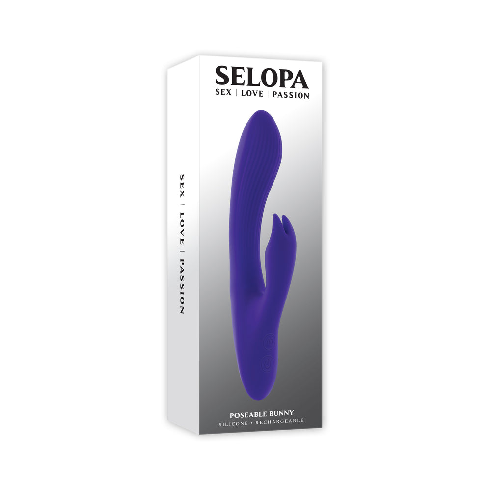 Selopa Poseable Bunny Rechargeable Dual Stimulator Silicone Purple purple Selopa Poseable Bunny vibrator pictured on tall white box