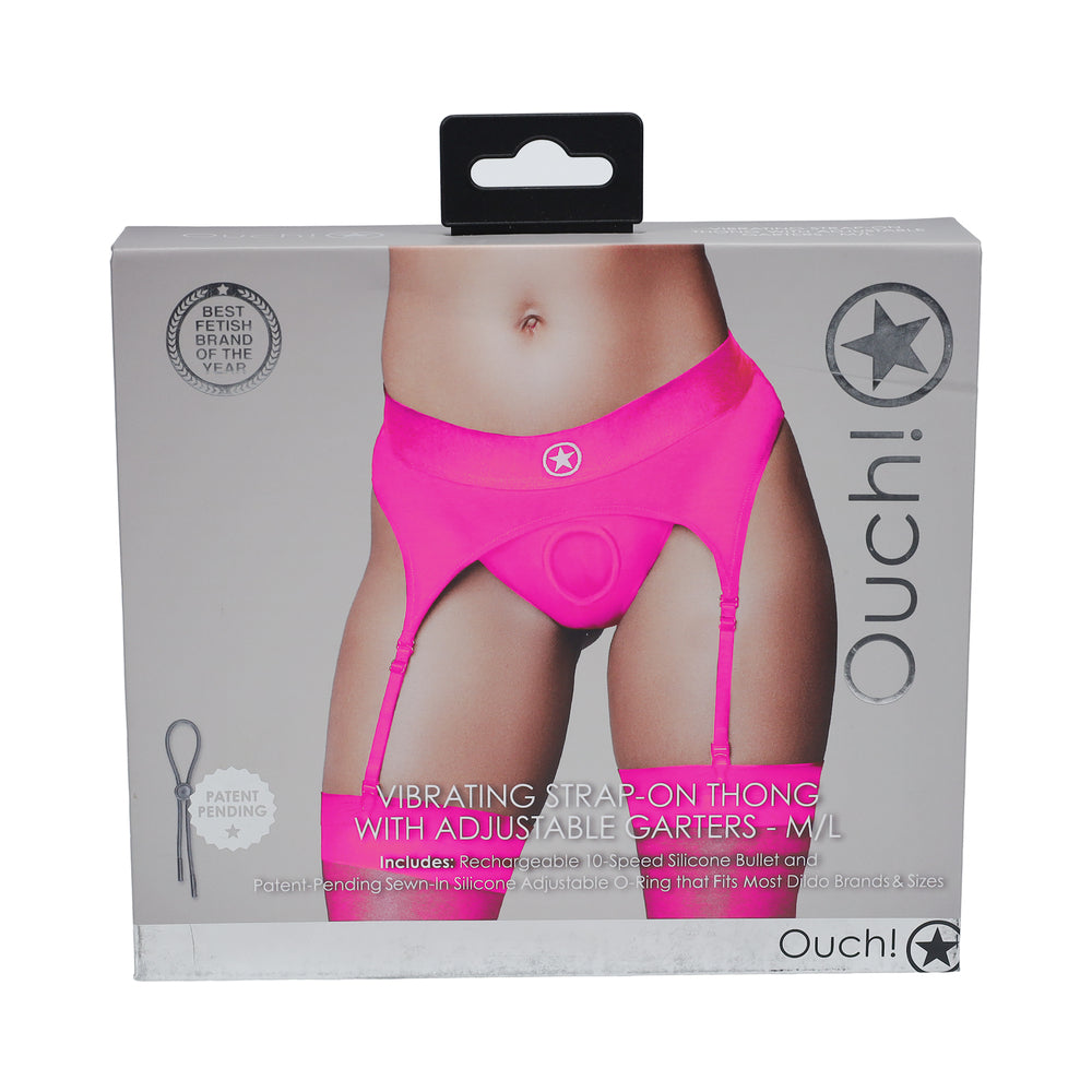 Ouch! Vibrating Strap-on Thong with Adjustable Garters Pink M/L hot pink Ouch vibrating garter thong M/L pictured on gray box