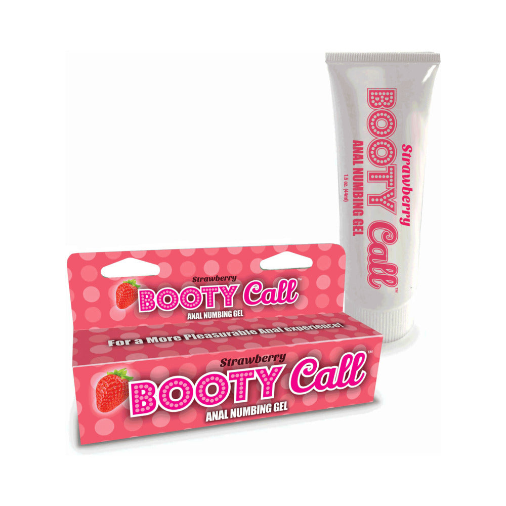 Booty Call Anal Numbing Gel Strawberry 1.5 oz. Booty Call Strawberry gel tube beside red carton