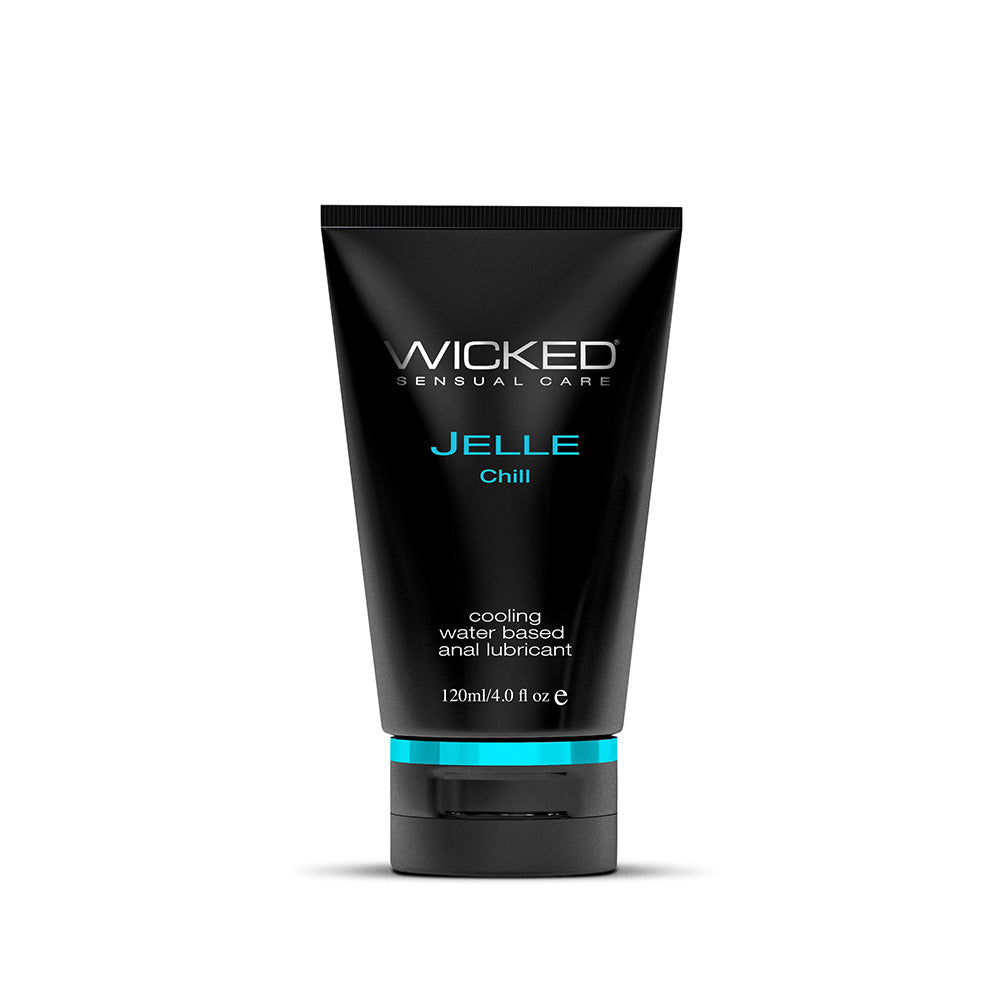 Wicked Jelle Chill Cooling Anal Lubricant 4 oz. Wicked Jelle Chill 4 oz lubricant upright black tube with turquoise accents