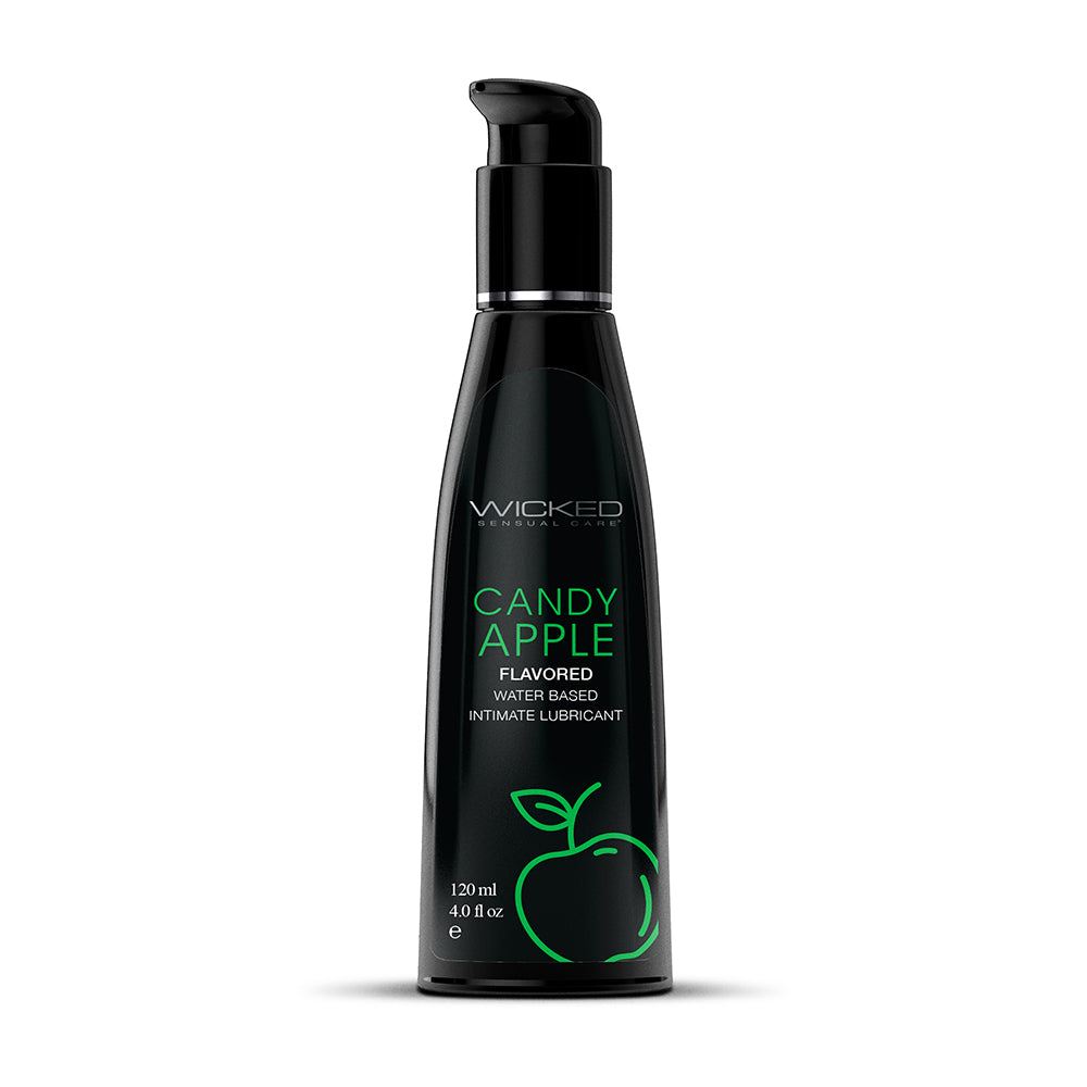 Wicked Aqua Candy Apple Water-Based Lubricant 4 oz. Wicked Aqua Candy Apple 4 oz black pump bottle front with green apple