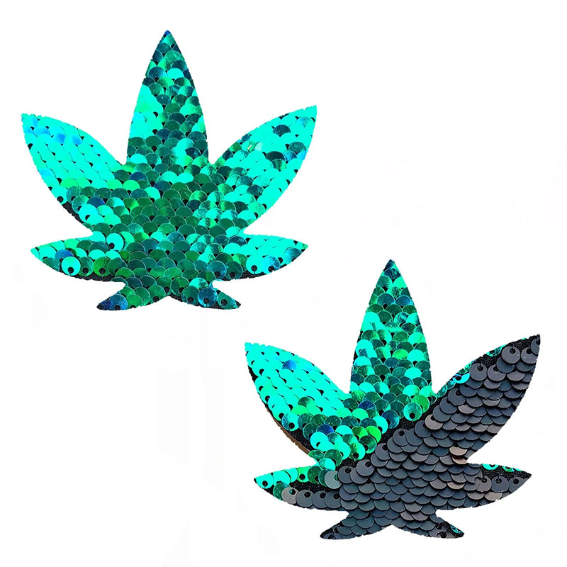 Neva Nude Pasty Pot Leaf Sequin Green To Black Pair of Neva Nude pot leaf pasties with reversible green and black sequins